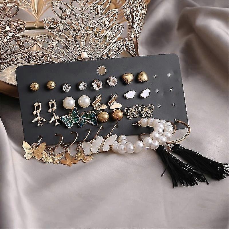 17 Pair Set Retro Imitation Pearls Butterfly Tassel Earrings Heart Rhinestone