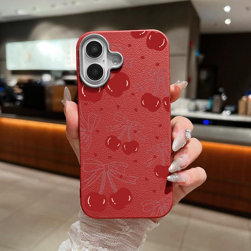 Матовый тонкий чехол для телефона с принтом вишневого банта для iPhone 16 Pro Max 15 Plus 14 Pro 13 12 11 TPU кожаная текстура мягкий противоударный бампер