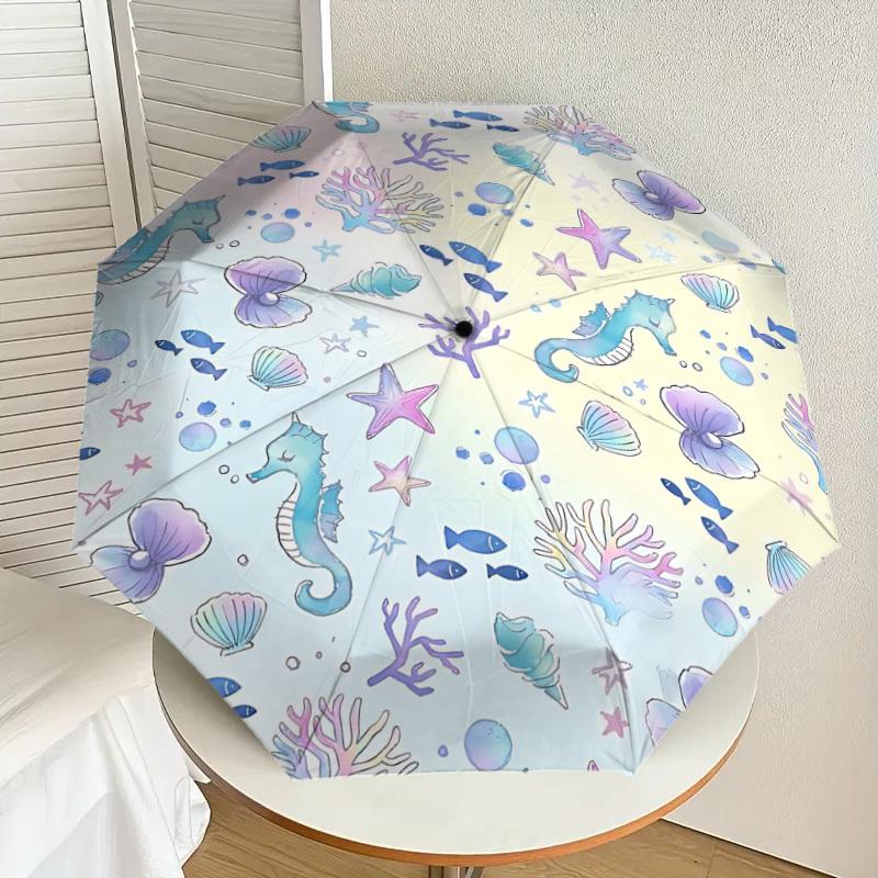 1PC Seahorse Oceanic Umbrella-8-Rib Reinforced Portable Folding Travel Suitable for All Seasons Outdoor Daily Use-Z0463