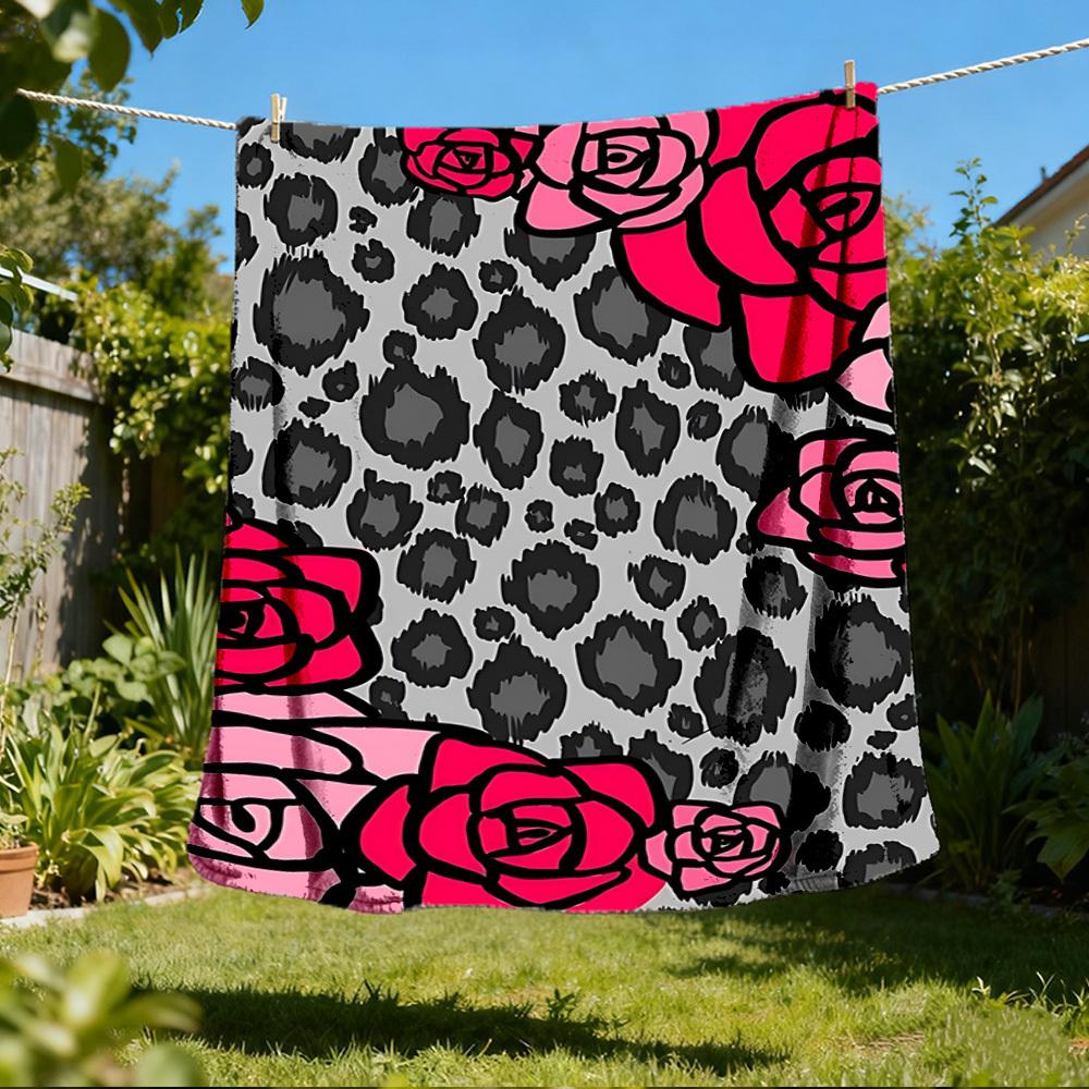 1pc Leopard Roses Pattern Outdoor Flannel Blanket , Machine Washable Perfect Gift for Birthday , Holiday Travel Accessory , Durable Material