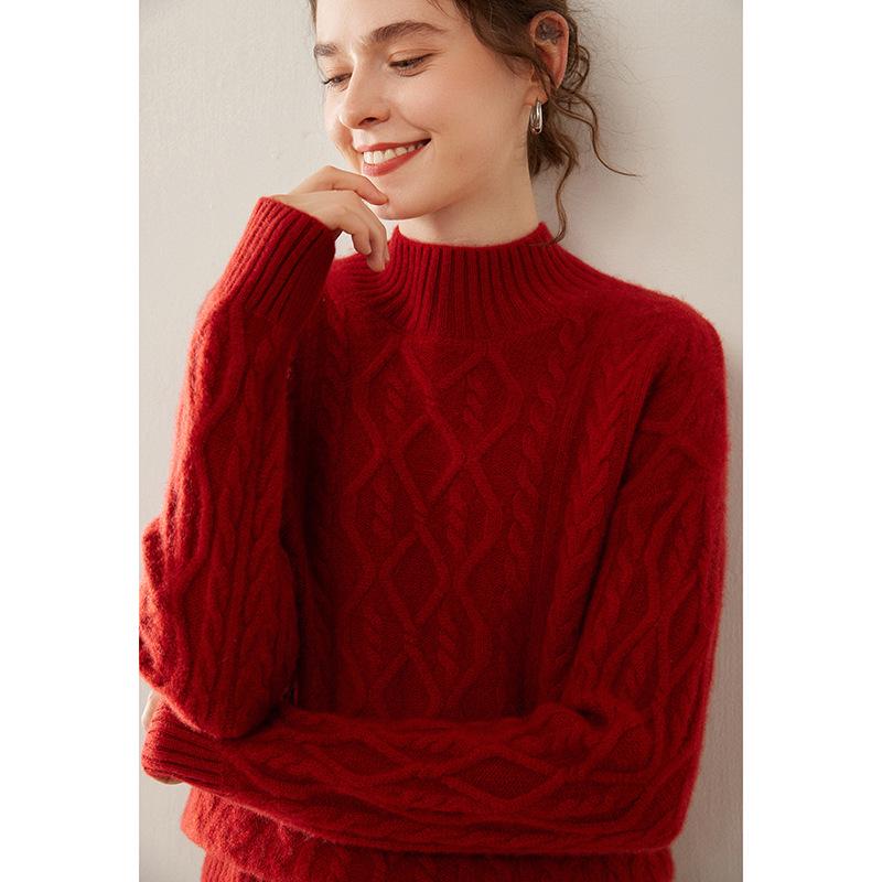 Versatile Women's Cashmere Cable Knit Sweater - Loose Slimming, Half-High Neck, Warm Base Layer