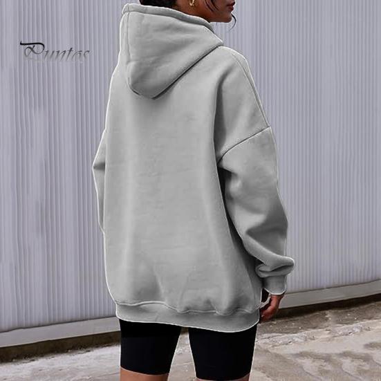 Women Fall Winter Hoodie Thick Hooded Long Sleeves with Big Pocket Plus Size Mid Length Solid Color Loose Elastic Cuffs Drawstring Sport Top