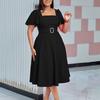 Elegant Women Dresses 2026 Summer Square Neck Short Sleeve Belt Waisted Pleated Mid Calf Fashion Birthday Party Dress Hot