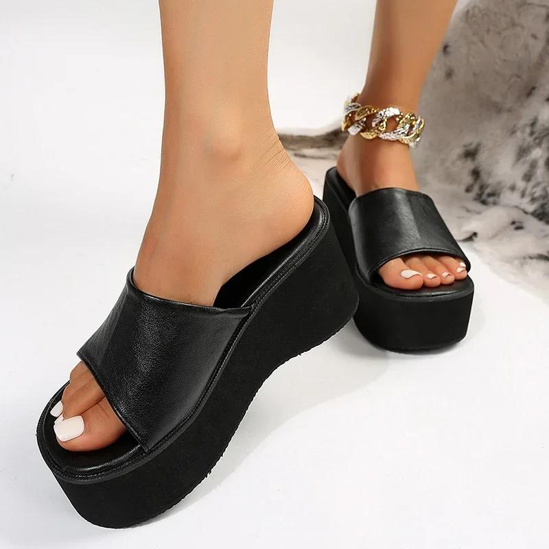 Fashion Rimocy Chunky Platform Sandals Women Fashion Black PU Leather Wedge Slippers for Woman 2025 Summer Thick Bottom Slides Plus Size