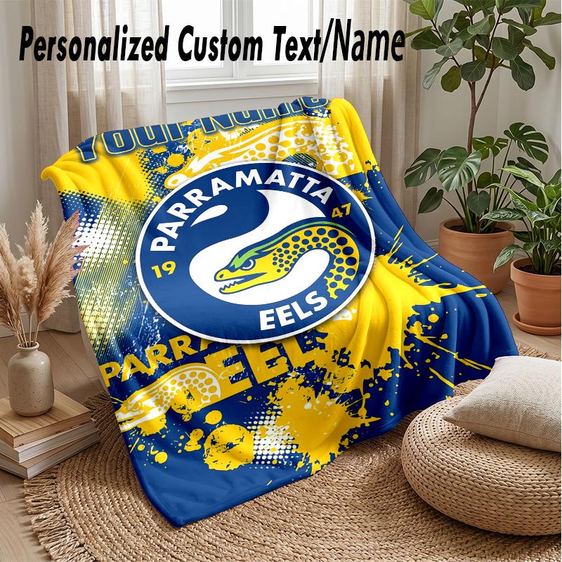 Parramatta Eels Custom Flannel Throw Blanket Print Your Name Text Soft Warm Blanket Holiday Present