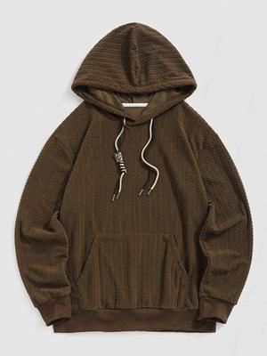 Мужская повседневная V-образная толстовка с капюшоном из искусственного меха с завязками и длинными рукавами, с карманом-кенгуру