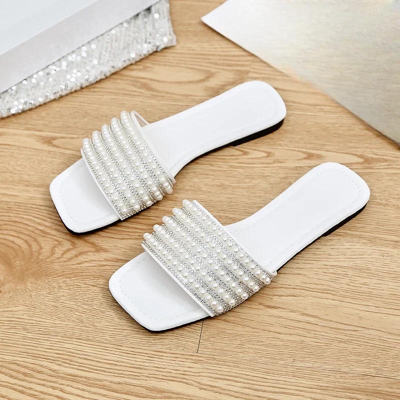 Плоские шлепанцы для женщин, модные женские сандалии с бисером, летние женские тапочки конфетных цветов