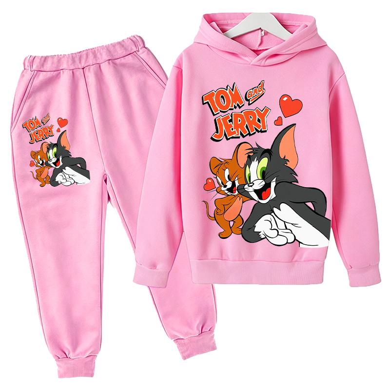 2026Autumn Casual tom jerry Cartoon Kids Boys Girls Print cool Long Sleeve Fleece Hooded Sweatshirt Long Pants Suit Festival Outdoor