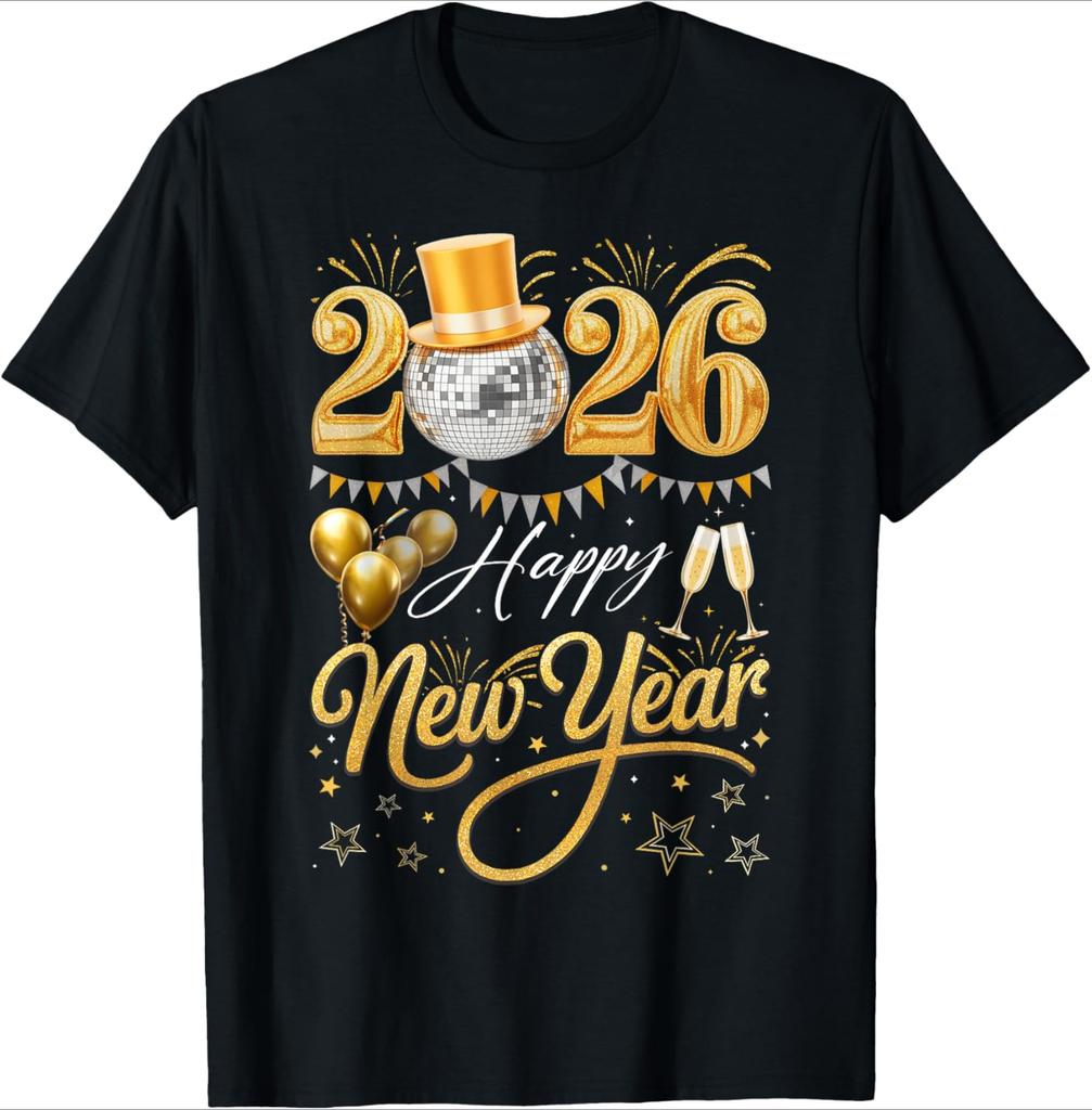 New Black 2026 New Year T-Shirt Gold Disco Ball Hat Champagne Glasses Letter Print Women's Short-Sleeved Loose-Fit Crew Neck Top