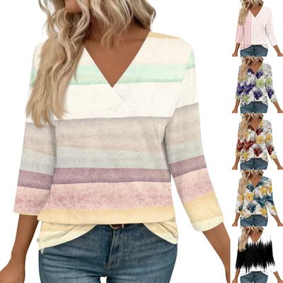 Женские рубашки с рукавом 3/4, топы с принтом и V-образным вырезом, повседневные топы, базовые футболки, блузки, свободные топы