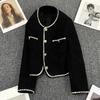 Vintage Tweed Jacket Women Elegant Cropped Quilted Coat Black Blazer Ladies Short Outerwear