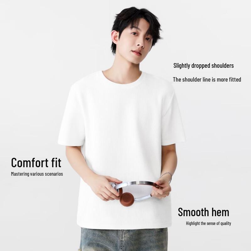 MINISO Мужская футболка с вафельной текстурой 220 г/м², свободного кроя, с круглым вырезом, с коротким рукавом