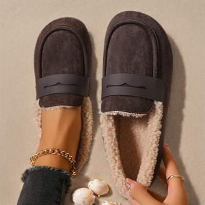 Женская зимняя повседневная обувь - Круглый носок, плоская подошва, верх из мягкой ткани, резиновая подошва, удобная коричневая повседневная обувь