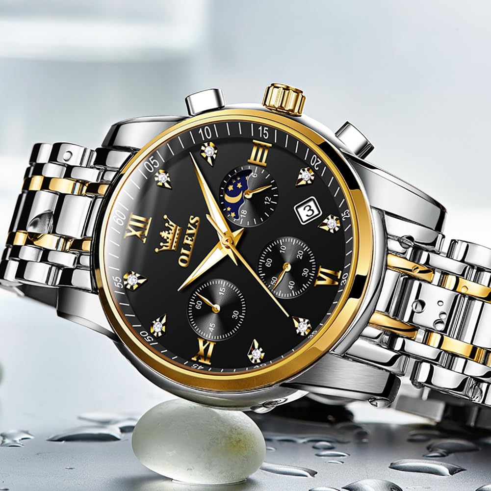 Часы OLEVS, кварцевые, водонепроницаемые, с подсветкой, дата, нержавеющая сталь, мужские, фазы Луны, простые, модные, мужские, черные