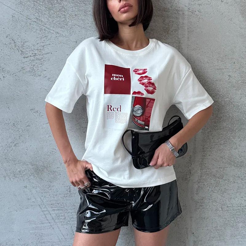 Printed Top Cotton Short Sleeved Round Neck T-shirt Women's Loose Fitting Pullover Versatile Daily Dressing Summer 2025 New Fashion