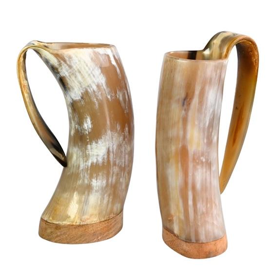 15.24 Cm Handmade Viking Horn Mugs Set of 2m Medieval Mead Cups with Wooden Base