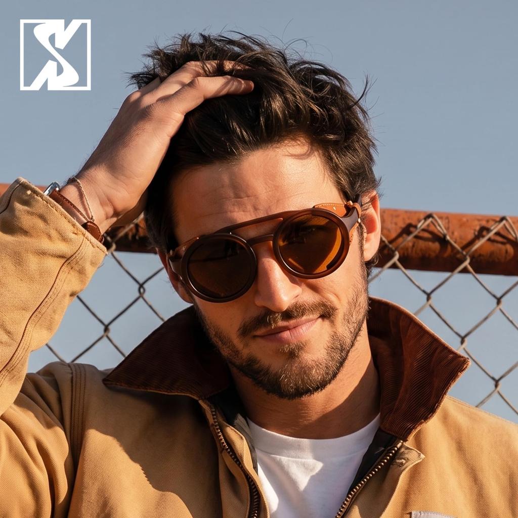 [SHEEN KELLY] Gothic Motorcycle Sunglasses Retro Round Side Shield Retro Steam Punk Sunglasses for Gentlemen