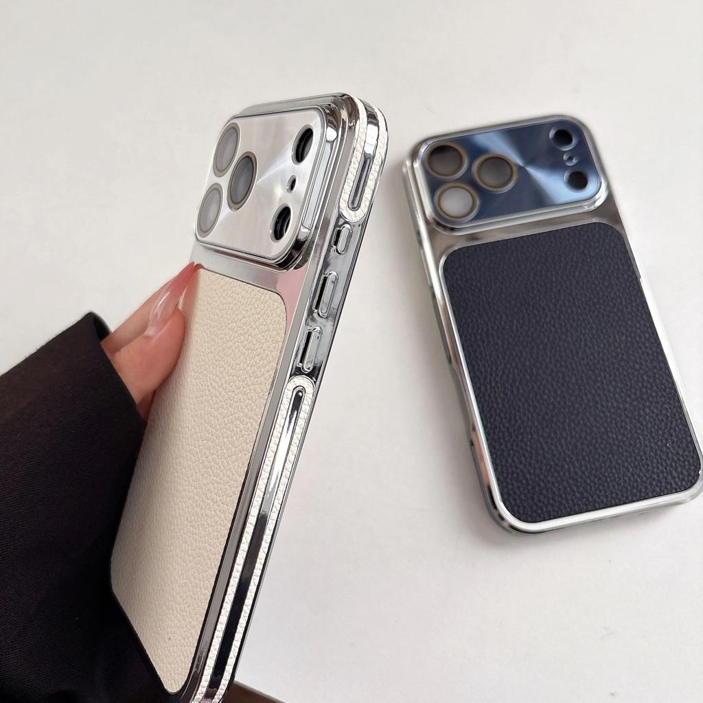 Plating Leather Textured Matte Phone Case For iPhone 17 16 15 14 13 Pro Max Aurora CD Camera Protection Shockproof Bumper Cover