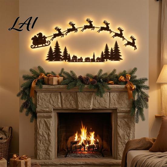 Reindeer Wall Decor Illuminated Wooden Christmas Sleigh And LED Light Set Pine Trees Village Set