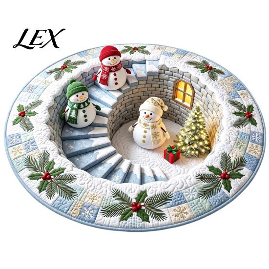 Indoor Decorative Floor Covering Round 3D Christmas Rug, Vortex Optical Illusion Area Santa Snowman Staircase Low Profile Fireplace Mat Depth Pattern,