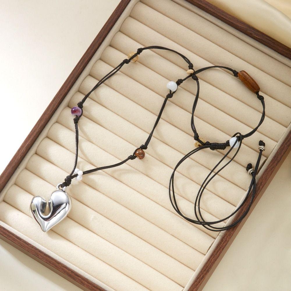 Flowers Beads Heart Pendant Necklace Adjustable Beaded Necklace Irregular Heart Necklace  For Women