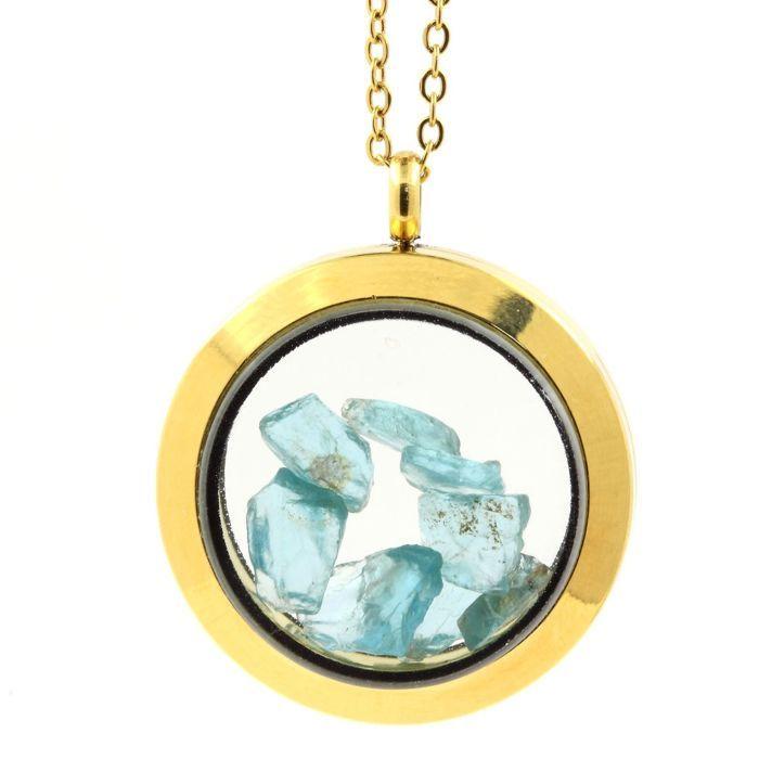 Stones and Minerals. Raw Paraiba Apatite Necklace. 20 Mm Medallion Model. Gold Color.