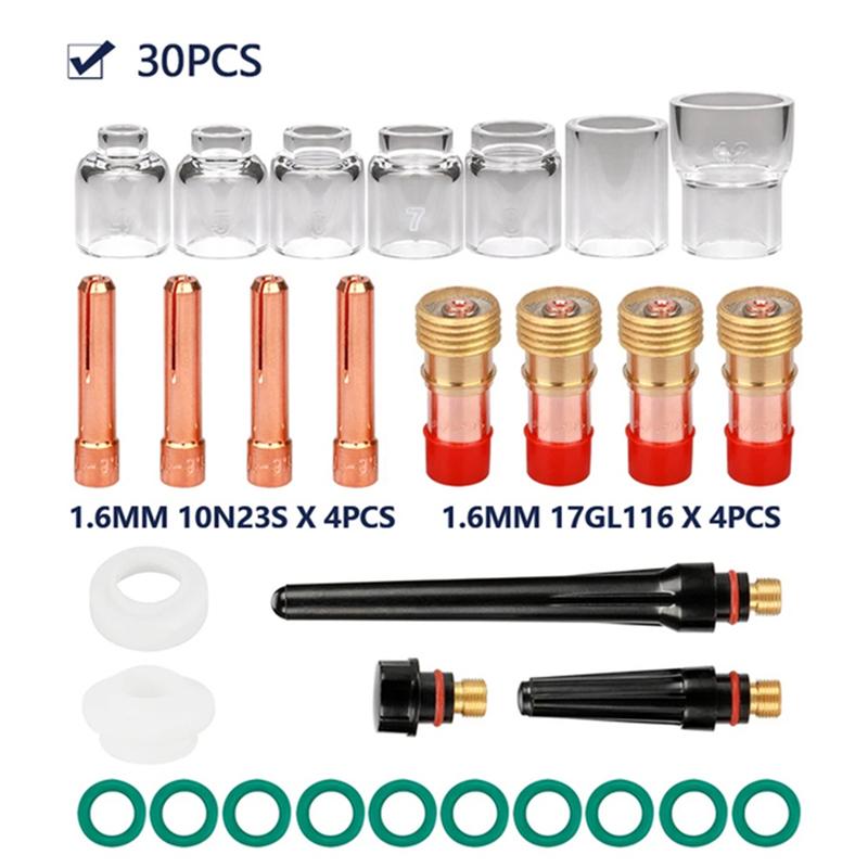 ABUL-30Pcs TIG Welding Torch Accessories Stubby Gas Lens 4 -12 Cup Kit For WP-17/18/26 Torch Welding Supplies
