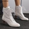 Women Victorian Pointed Toe Ankle Boots Leather Lace Hollow Out Punk Lace Up Strange Steampunk High Heel Shoes Size 34-46