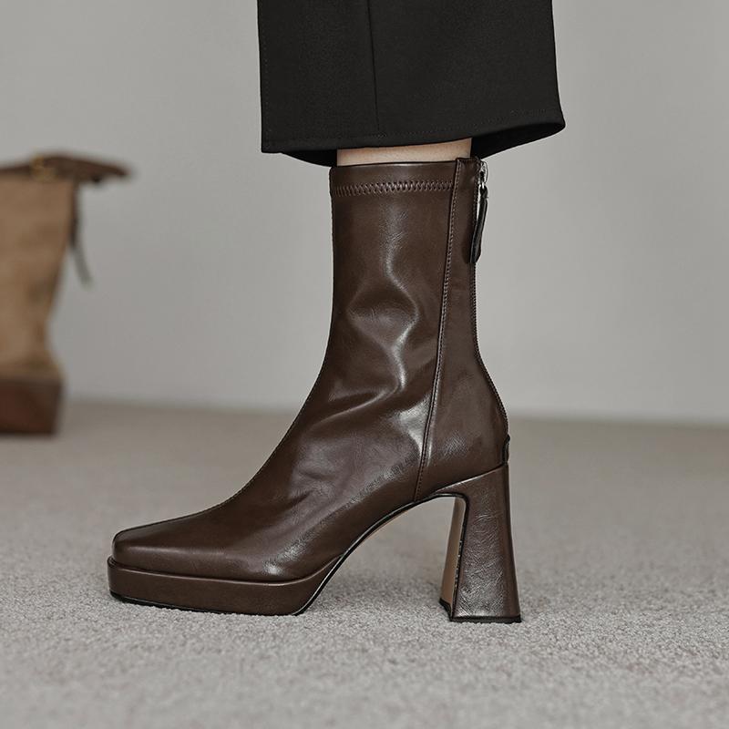 Krazing Pot Microfiber Autumn Winter Shoes Thick High Heels Platform Boots Square Toe Keep Warm Zipper Ankle Boots