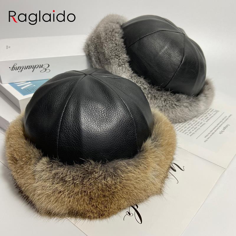 Bunny Hat Women Winter Fluffy Warm Rabbit Fur Beanie Hat Men Women Leather Caps   Fur Outdoor Snow Hat