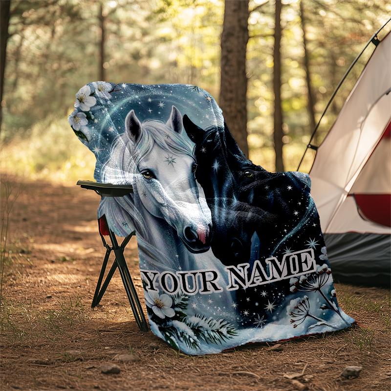 1PC Custom Name Horses Winter Wonderland flannel blanket versatile,all-season throw suitable for the living room,bedroom,camping,travel,and gift