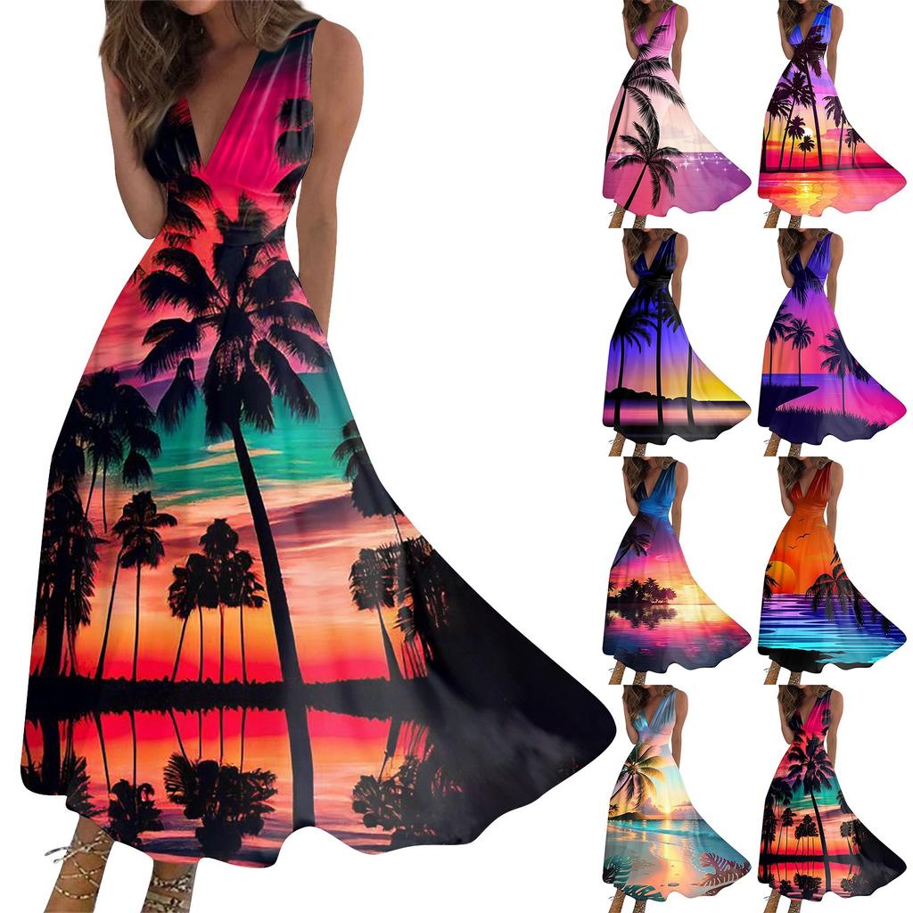 Women's Summer Fashion Hawaiian Print V-Neck Sleeveless Tunic Casual Dresses