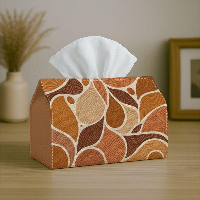 2D Flat 1pc Abstract Leaf Tissue Box | Reusable And Washable, Brown Beige Wood Grain Drop Design for Dining Table, Kitchen, Bathroom, Hotel, Car, And