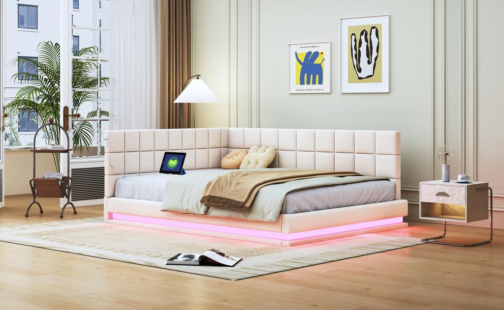 Upholstered bed sofa bed 140*200 multifunctional bed with LED light strip, USB socket and slatted frame, skin-friendly linen beige
