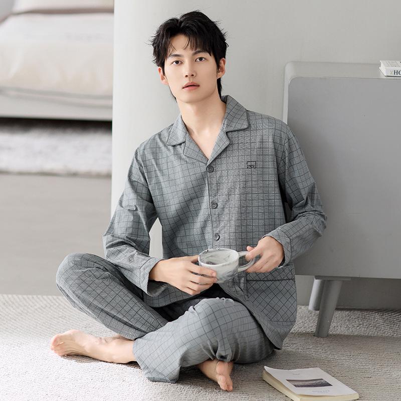 Pajamas Men'S Spring And Autumn Pure Cotton Long-Sleeved Autumn Plaid High-End Sense Can Be Worn Outside Qingzhong Spring Loungewear Suit
