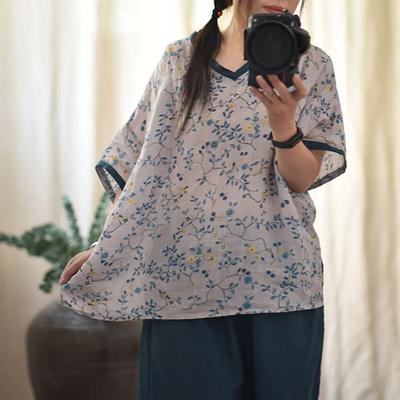 Женские футболки с винтажным принтом и цветочным принтом, свободные летние футболки с коротким рукавом и V-образным вырезом, высокого качества для женщин