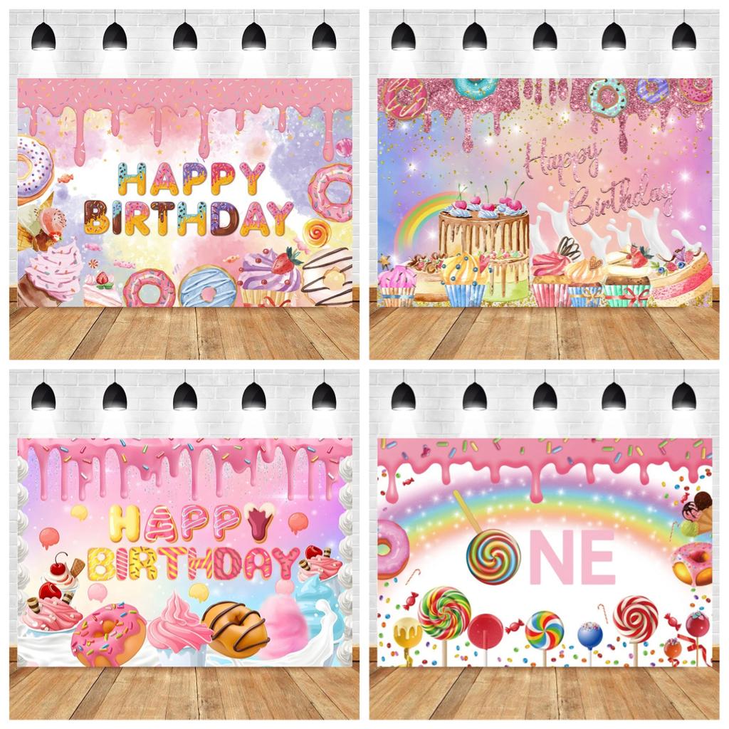 Newborn Baby First Birthday Backdrop Ice Cream Donuts Paper Cupcake Lollipop Sweet Cake Smash Baby Shower Party Photo Background