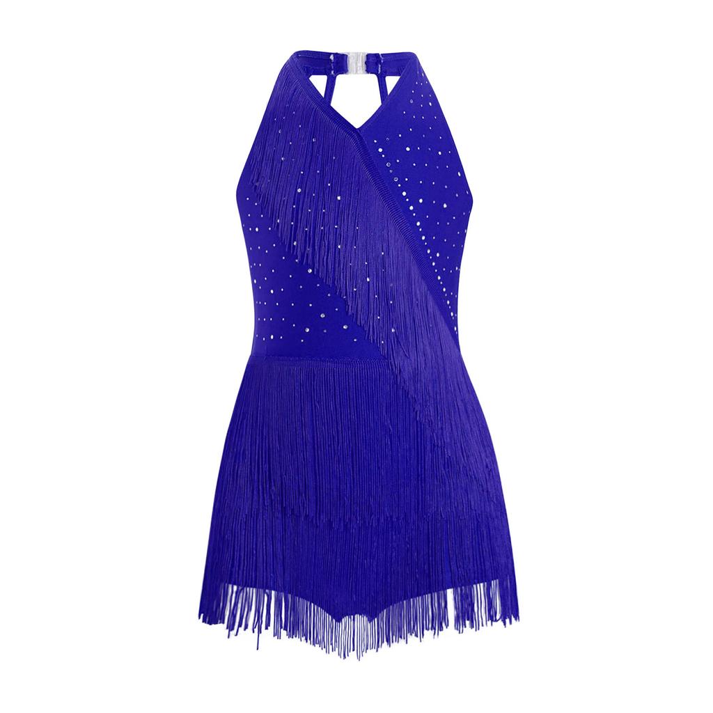 Girls Latin Dance Costume Glittery Rhinestones Fringe Leotard Halter Neck Sleeveless Strappy Back Tassel Jumpsuit
