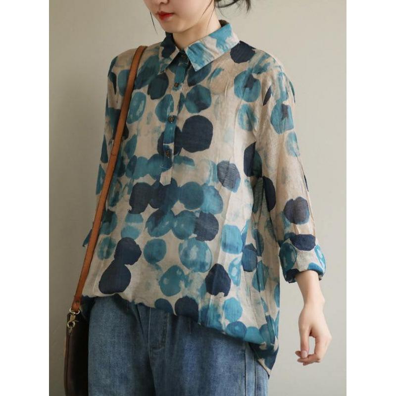 1116 autumn women's lapel cotton and linen large size loose long-sleeved buttons, women's pullover printing, pure cotton shirt
