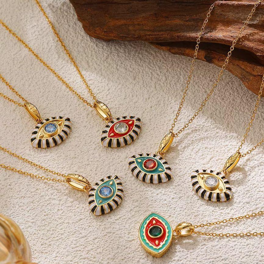 Vintage Multicolor CZ Zircon Enamel Evil Eye Pendant Necklace for Women Fashion Gold Plated Oil Drip Charm Collar Jewelry Gifts