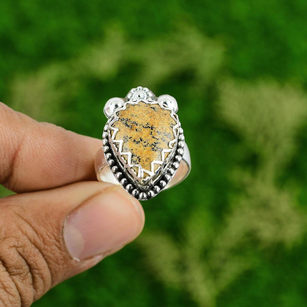 Natural Picture Jasper Gemstone Statement Adjustable Ring 925 Silver For Women