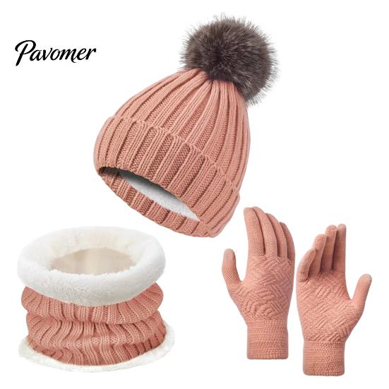Thermal Fleece Lined Winter Accessories Hat Neck Warmer Gloves Set, Knitted Beanies with Pompom, Touch Warm And Scarf Set Screen Gloves, Knit for Men