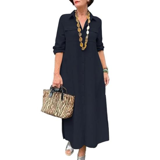 Женское платье с отложным воротником, свободное однотонное однобортное платье трапециевидной формы с длинным рукавом и нагрудным карманом, мягкое дышащее платье до щиколотки, весенне-осеннее платье макси