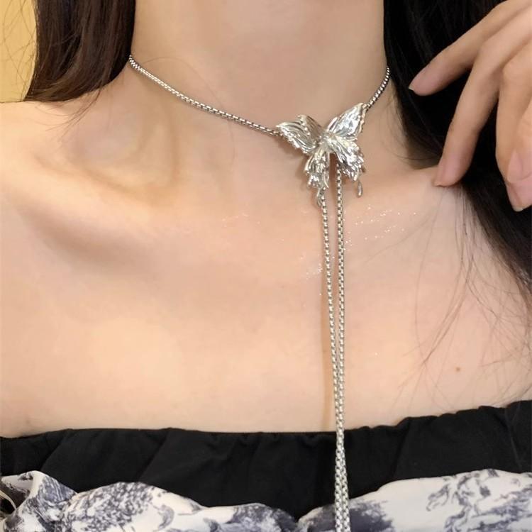 2025 New Metal Blue Butterfly Necklace for Women Long and Pullable Light Luxury Collarbone Chain Fashion Sweater Chain Pendant