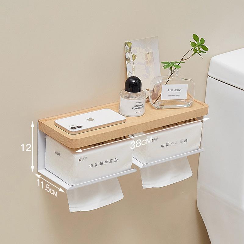Creative Walnut Wood Toilet Paper Holder No Drill Bathroom Tissue Box with Phone Shelf