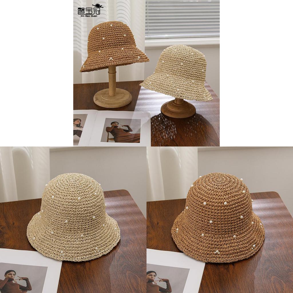 Summer Straw Hat For Women With Pearl Decor And Wide Brim Sunshade For Outdoor Sun Protection