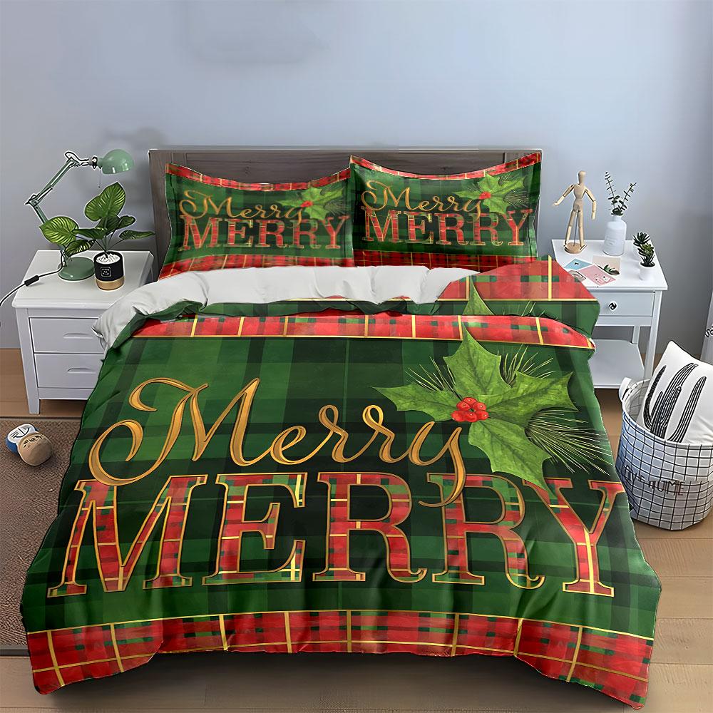 Plaid Merry Christmas Design Bedding Duvet Cover Set Duvet Cover Pillowcases (1*Duvet Cover 2*Pillowcases, without duvet insert)