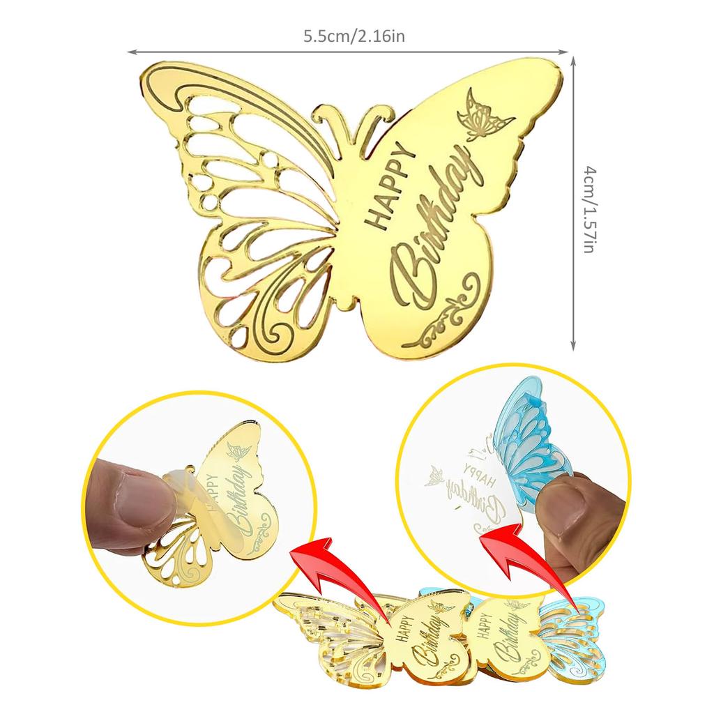 12 шт. акриловых топперов для кексов «С Днем рождения» в виде бабочек для вечеринки, гравированный зеркальный акриловый диск для торта для украшения кексов своими руками