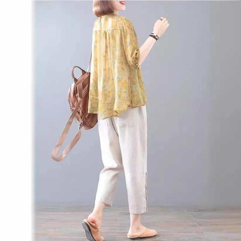 Женская мода хлопок лен 2 шт ретро женский продвинутый принт комплект из двух частей весна лето дамы короткий рукав тонкий костюм