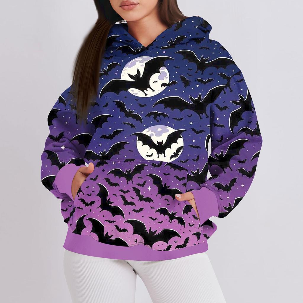 Women's Fashion Casual Pullover Hooded Sweatshirt Halloween Printed Long Sleeve Sweatshirt